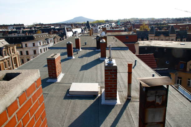 View of a roof with brick fireplaces